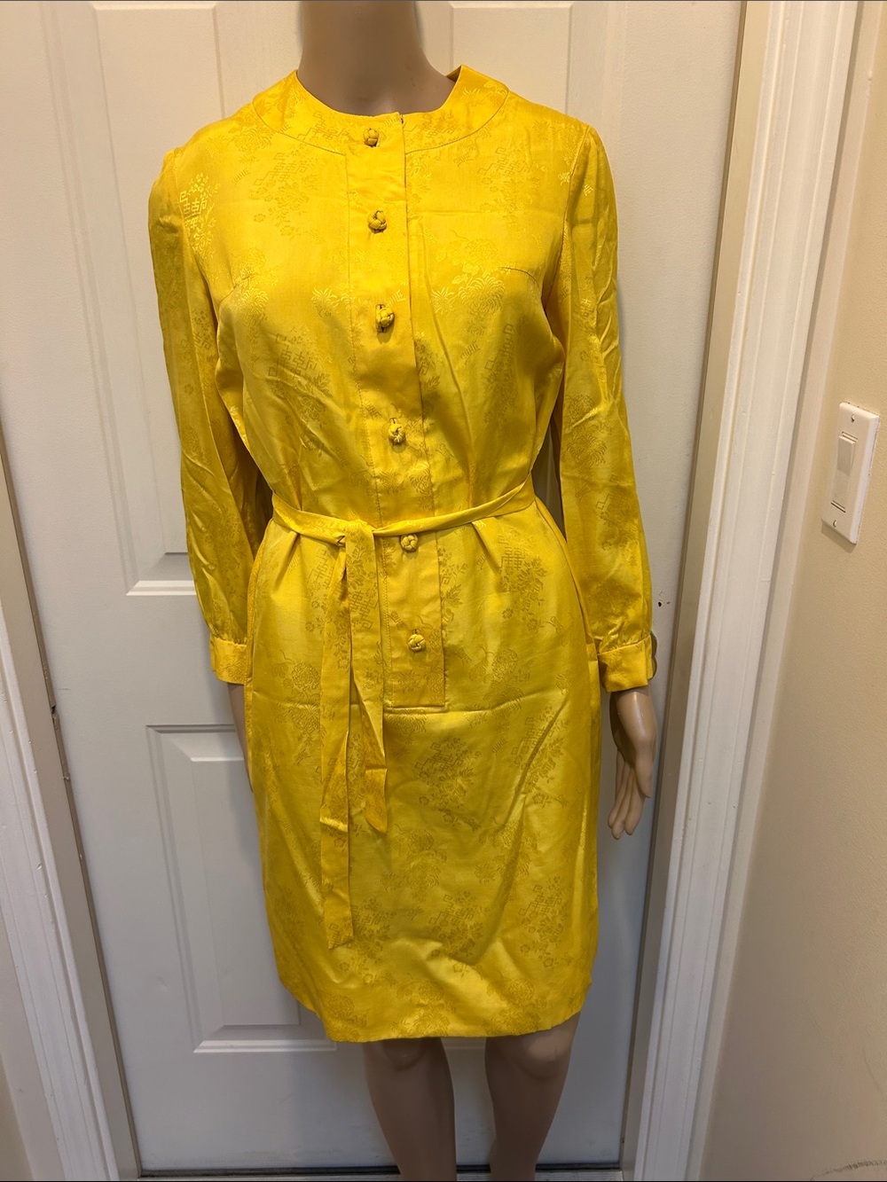 Vintage 1980’s I. Magnin Yellow Silk Belted Asian Style Button-Front Dress